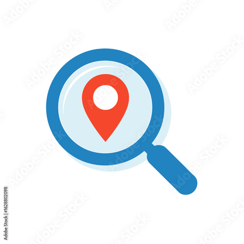 Magnifying glass focusing on a location pin finding the right place on a map or search result online