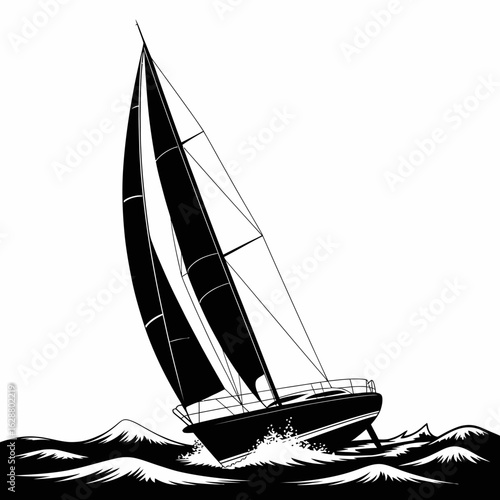 Sailing Yacht in Black and White Illustration