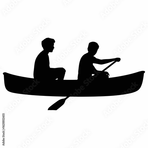 Silhouette of Two People Rowing in a Canoe