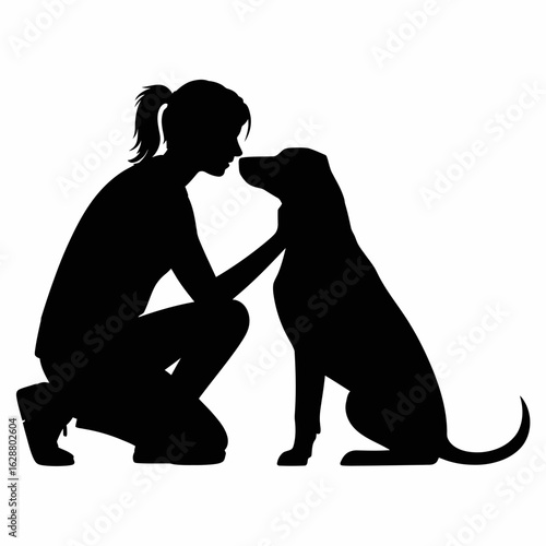 Silhouette of Woman with Dog in Affectionate Moment