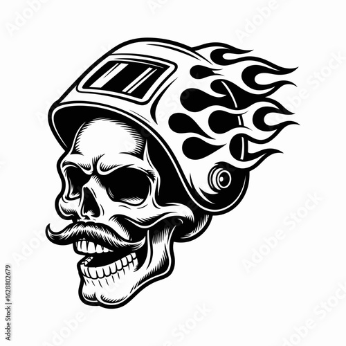 Skull with Welding Helmet and Flames Design