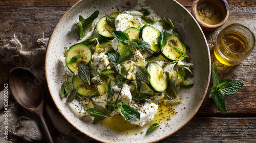 A fresh zucchini salad paired with yogurt, hyssop (za'atar), and olive oil for a flavorful dish