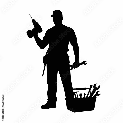 Worker Silhouette with Tools and Drill