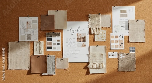 Beige fabric swatches on corkboard