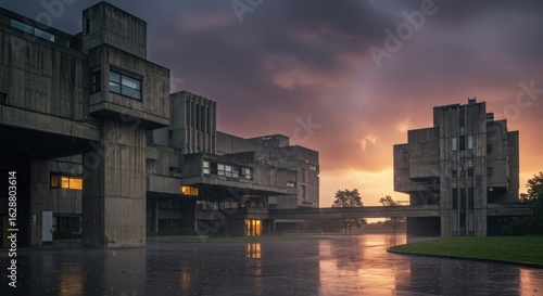 Brutalist architecture in rain