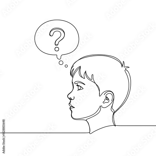 Pensive boy in profile with question mark in thought bubble,  black line art on transparent background  