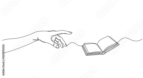 Hand reaching for floating book in minimal black line art style  