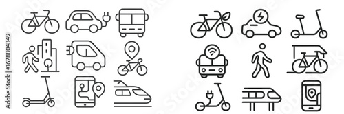 Urban transportation icons depicting various modes of travel, from bicycles to electric vehicles, illustrating a modern city landscape