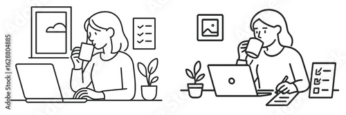 Professional women engaged in remote work with coffee and plants in a home office setting during daytime