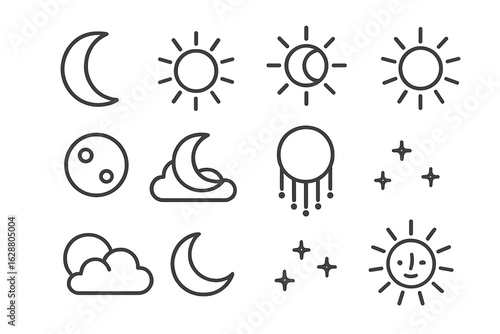 Collection of simple line icons depicting celestial bodies including sun and moon in various phases