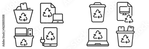 Recycling symbols and electronic waste displayed in a clean, organized layout emphasizing environmental awareness and sustainability