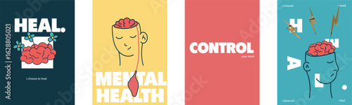 Bold style posters focused on mental health awareness and self care. Simple figures, pastel color scheme, powerful emotional expression.