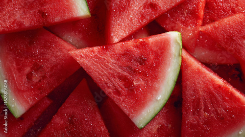 Close-up, top-down image of juicy red watermelon slices