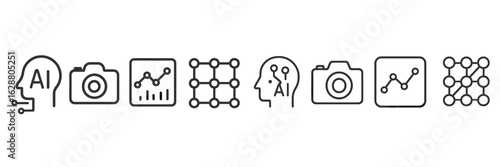 Unique icons representing artificial intelligence, photography, data analysis, and interactivity displayed together