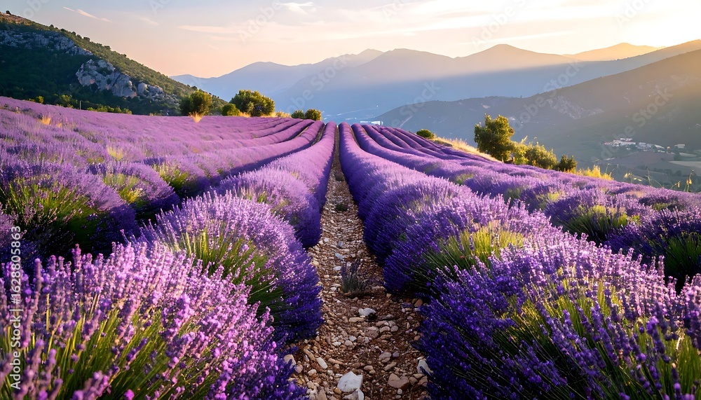 Fototapeta premium Lavender Field in Bloom at Sunset with Mountain Backdrop