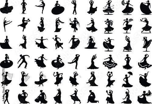 Flamenco Dancer Silhouette Icons – Traditional Spanish Dance Set Elegant Flamenco Dress Dancer – Silhouette Icon Collection