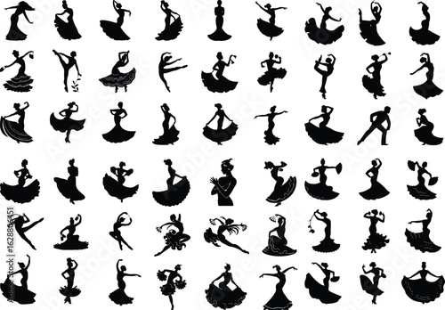 Flamenco Dancer Silhouette Icons – Traditional Spanish Dance Set Elegant Flamenco Dress Dancer – Silhouette Icon Collection