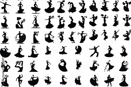 Flamenco Dancer Silhouette Icons – Traditional Spanish Dance Set Elegant Flamenco Dress Dancer – Silhouette Icon Collection