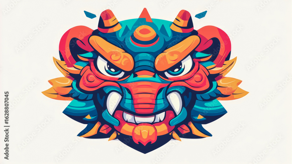 Fototapeta premium Vibrant and dynamic stylized illustration of fierce mythological creature or monster head in bold graphic art style with intricate details and striking color palette