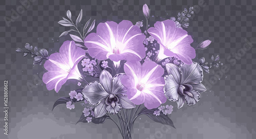 Abstract floral design with pink and violet flowers, perfect for spring and summer invitations or greeting cards