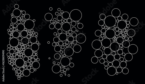 Set of abstract circle outline clusters on black background. Minimalist geometric vector design.