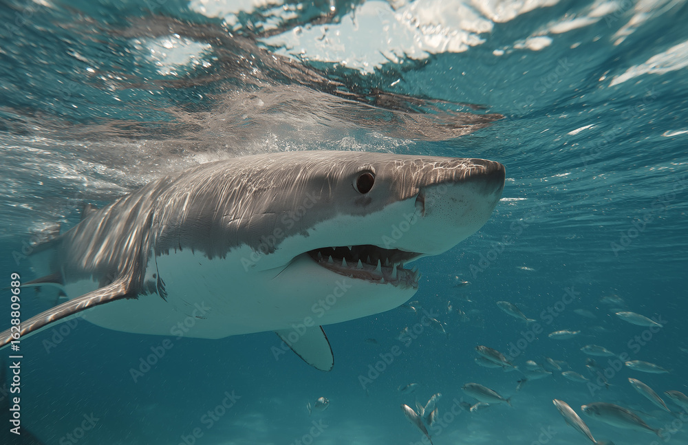 Naklejka premium Close up of shark mouth with teeth and fin emerging from water, great blue shark in action photo taken by national geographic