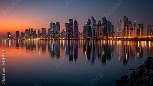 the photograph shows a skyline bathed in the soft light of either dawn or dusk. various contemporary skyscrapers of differing heights and designs form the main subject