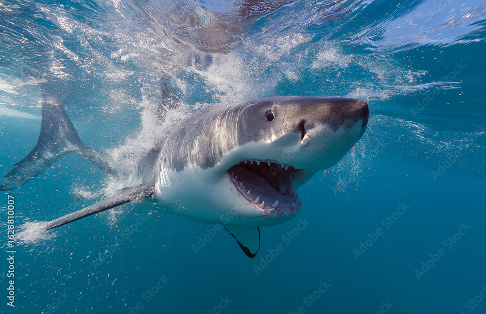 Naklejka premium Close up of shark mouth with teeth and fin emerging from water, great blue shark in action photo taken by national geographic
