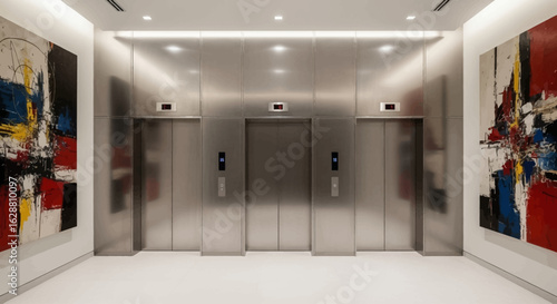 Modern interior design of an empty office corridor with a long glass wall, doors, and a metal elevator