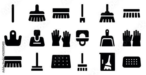 Cleaning tools solid icons set – silhouette, filled, hygiene and maintenance symbols