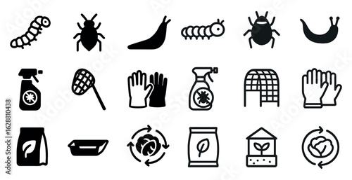 Gardening and pest control outline icons set – linear, silhouette, garden tools