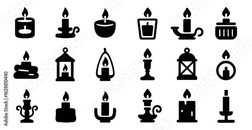 Candle and lantern solid icons set – silhouette, filled, lighting and decor symbols