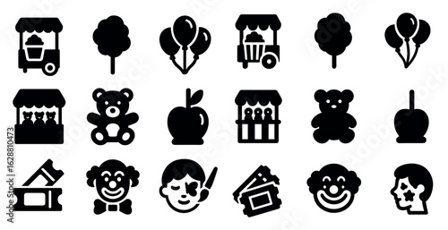 Carnival and fairground silhouette icons set – solid, amusement, fun symbols