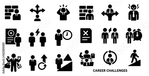 Career challenges solid icons set – silhouette, filled, business and motivation symbols