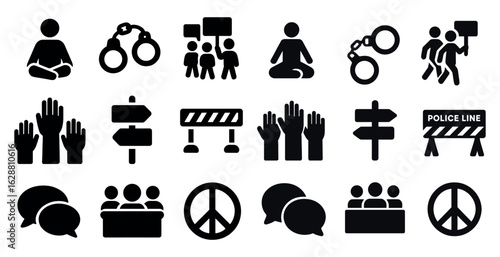 Protest and peace silhouette icons set – solid, outline, activism symbols