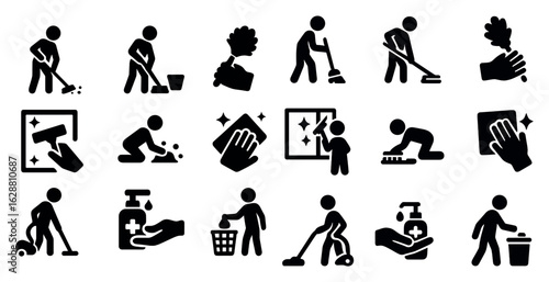 Cleaning and maintenance icons set – solid, filled, sanitation and hygiene symbols
