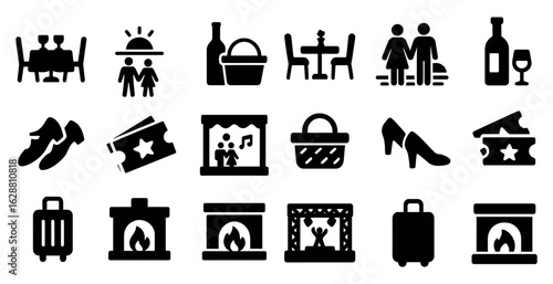 Restaurant and leisure solid icons set – filled, silhouette, dining and activities symbols