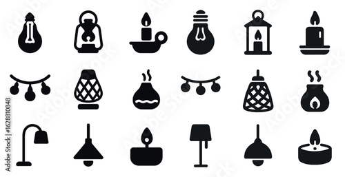 Cozy lighting solid icons set – filled, vintage, home decor symbols
