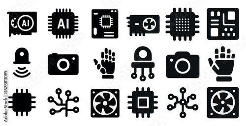 Tech and gadget solid icons set – silhouette, digital, electronic device symbols