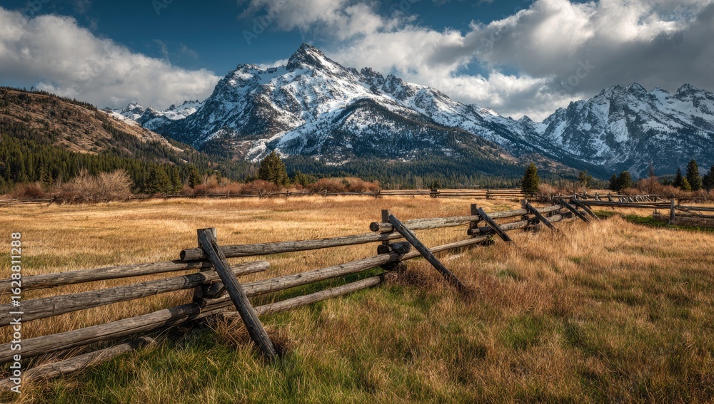 Fototapeta premium Mountain vista with weathered wooden fence