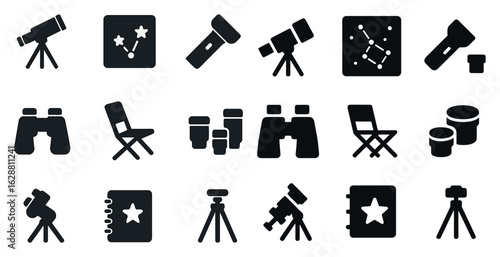 Astronomy and stargazing solid icons set – silhouette, filled, celestial navigation tools