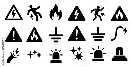 Safety and hazard solid icons set – filled, warning, caution symbols
