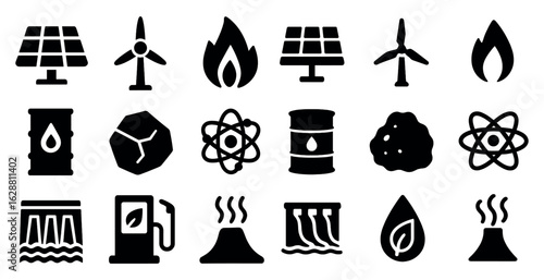 Renewable energy silhouette icons set – solid, filled, eco-friendly symbols for sustainability