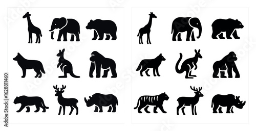 Wildlife and nature icons set – silhouette, solid, animal and safari symbols