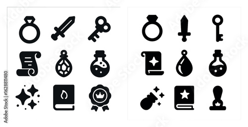 Fantasy gaming solid icons set – filled, adventure, quest symbols