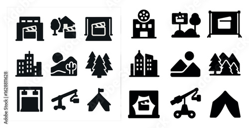 Film and movie solid icons set – flat, filled, cinema and entertainment symbols