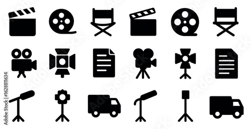 Film and cinema solid icons set – silhouette, filled, movie and production symbols