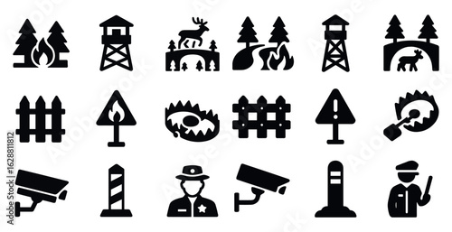 Outdoor adventure silhouette icons set – wildlife, forest, camping symbols
