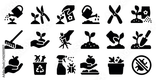 Gardening solid icons set – filled, planting, horticulture design elements