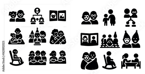 Family and genealogy solid icons set – silhouette, lineage, ancestry symbols